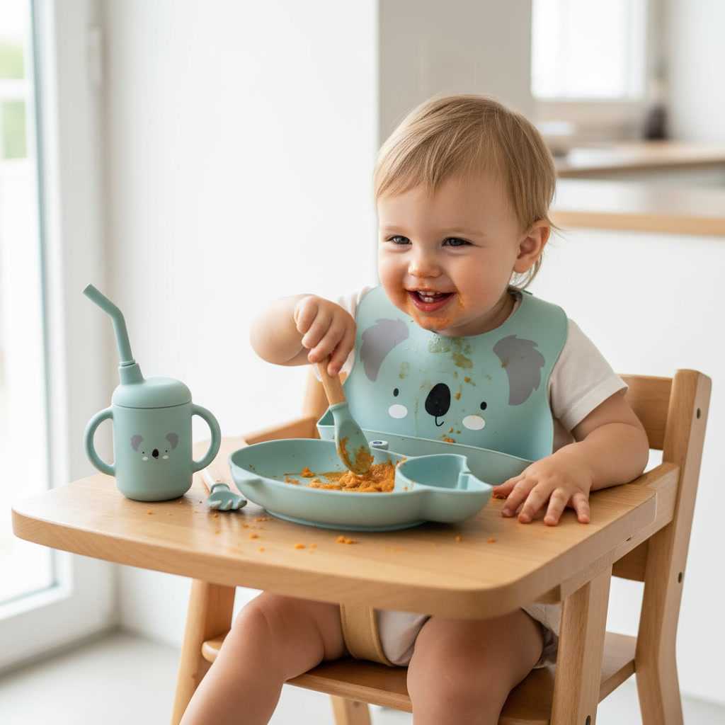 bébé en train de manger avec set repas personnalisable Les Petits Citrons vaisselle enfant silicone