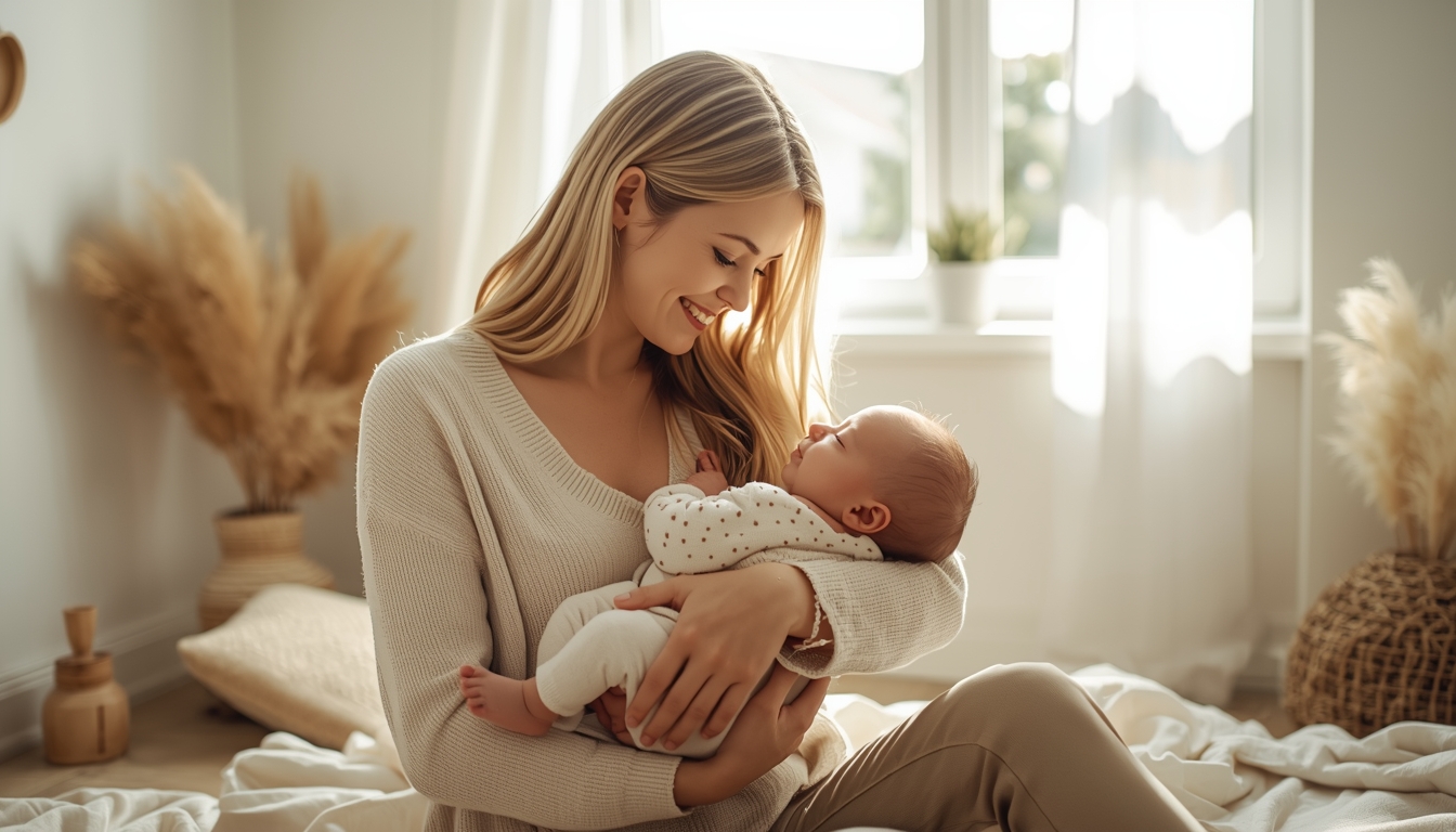 Jeune maman avec son bébé dans une ambiance douce, idée cadeau fête des mères pleine d’émotion