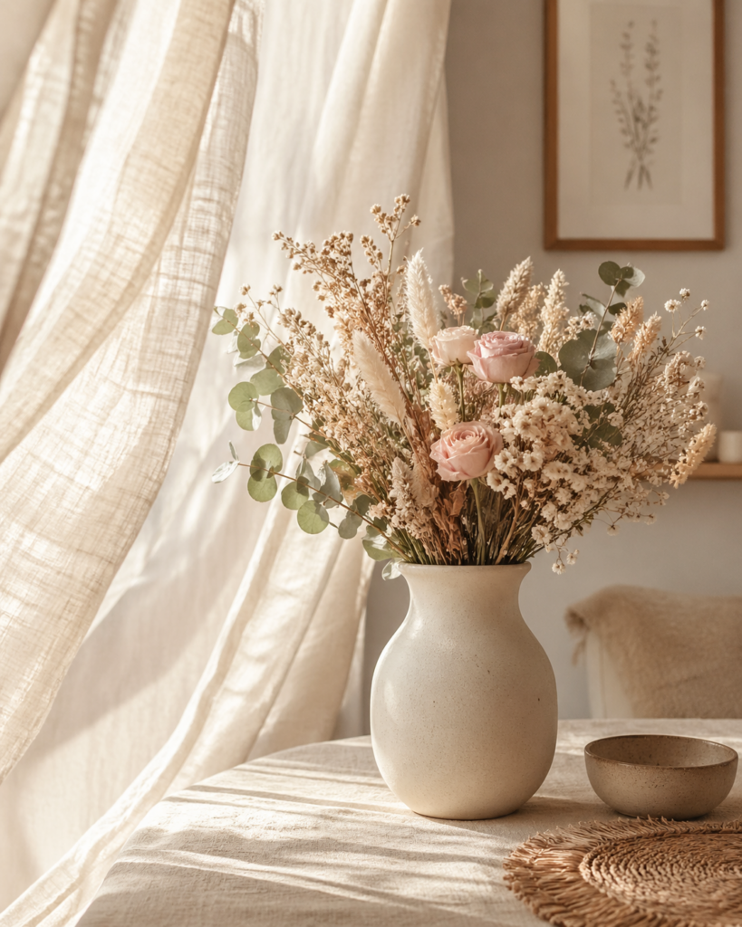 Bouquet de fleurs séchées dans un vase bohème, idée cadeau original fête des mères