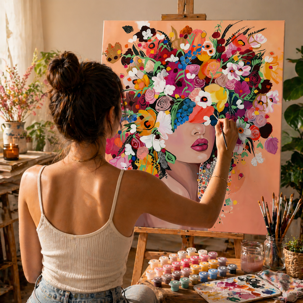Peinture au numéro adulte en cours de réalisation, activité créative idée cadeau fête des mères