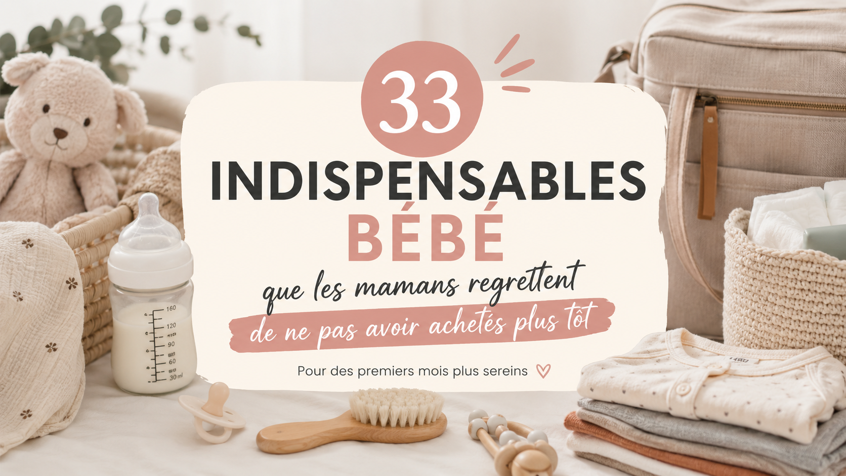 Illustration douce et minimaliste d’accessoires indispensables pour bébé : biberon, sac à langer, vêtements, tétine et peluche dans une ambiance beige et chaleureuse, avec le titre “33 indispensables bébé que les mamans regrettent de ne pas avoir achetés plus tôt”.