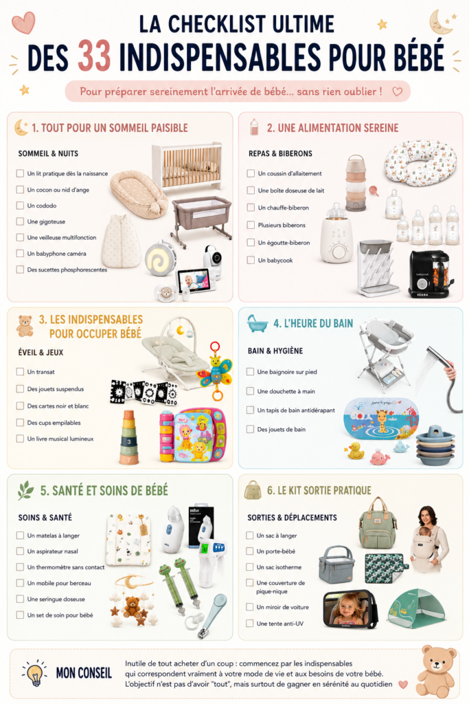 Grande checklist des 33 indispensables pour bébé regroupant sommeil, alimentation, éveil, bain, santé et sorties pour préparer l’arrivée de bébé sereinement.