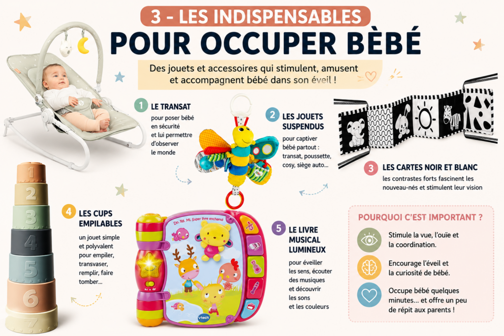 Checklist éveil bébé avec transat, jouets suspendus, cartes noir et blanc, cups empilables et livre musical lumineux pour stimuler bébé dès la naissance.