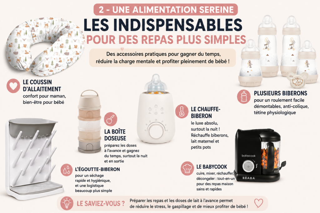 Checklist alimentation bébé avec coussin d’allaitement, biberons, chauffe-biberon, boîte doseuse, égoutte-biberon et babycook pour simplifier les repas de bébé.