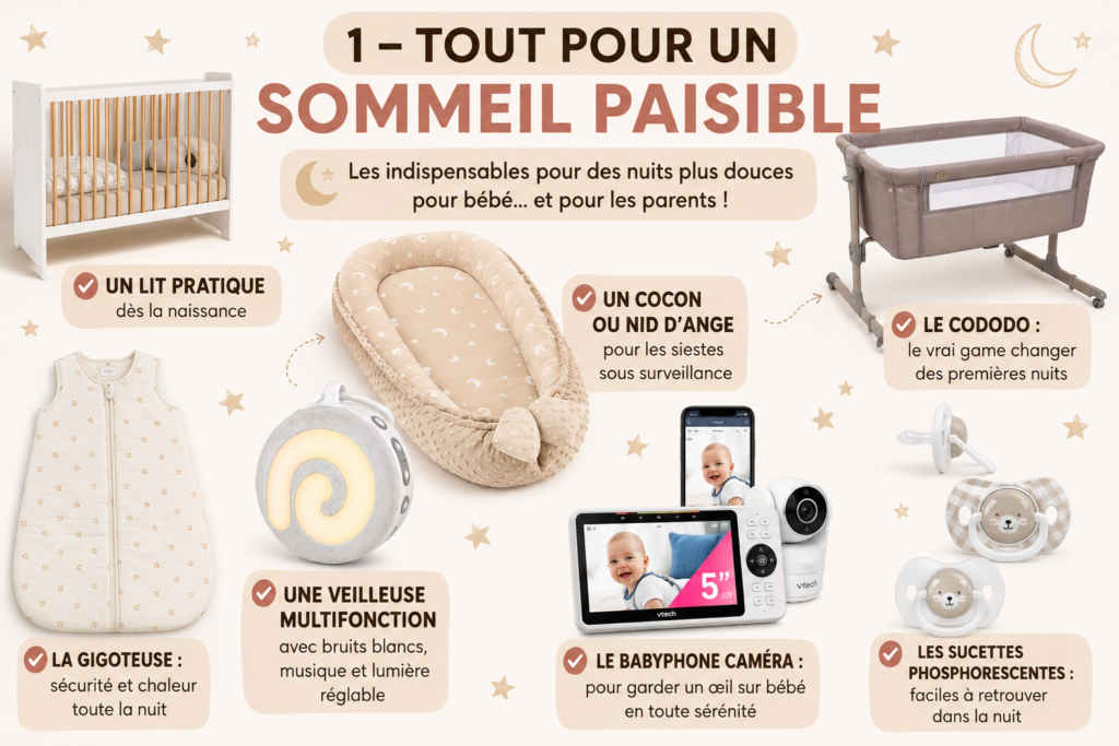 Checklist des indispensables sommeil pour bébé avec lit bébé, cododo, cocon, gigoteuse, veilleuse, babyphone caméra et sucettes phosphorescentes pour des nuits paisibles.