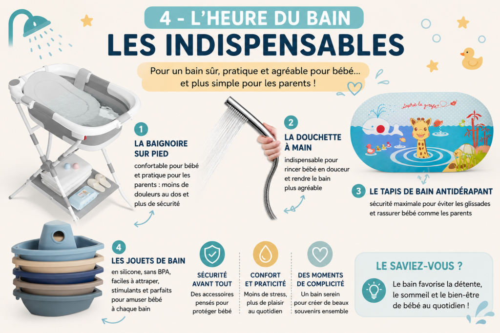 Checklist bain bébé avec baignoire sur pied, douchette à main, tapis antidérapant et jouets de bain pour un moment de bain pratique et sécurisé.