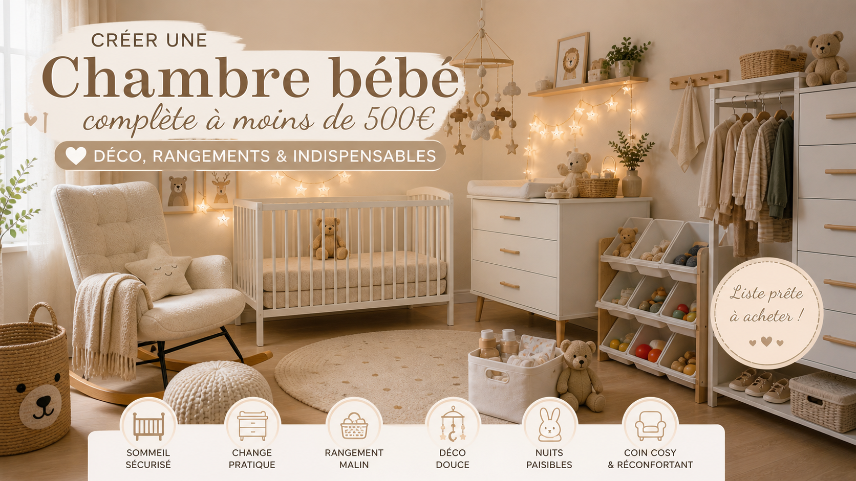 Chambre bébé complète style minimaliste avec lit blanc, table à langer, rangements, fauteuil cosy et guirlande lumineuse pour une déco douce à petit budget