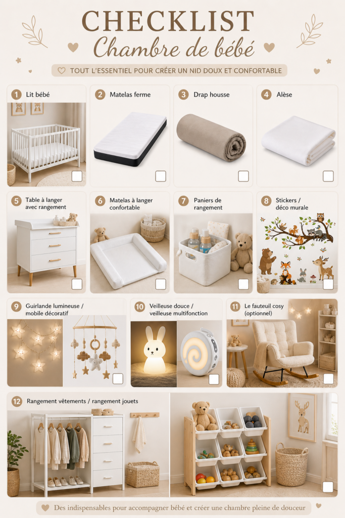 Checklist chambre bébé complète avec tous les indispensables pour une chambre fonctionnelle et économique