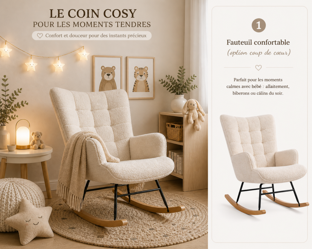 Coin cosy chambre bébé avec fauteuil confortable, lumière douce et décoration apaisante