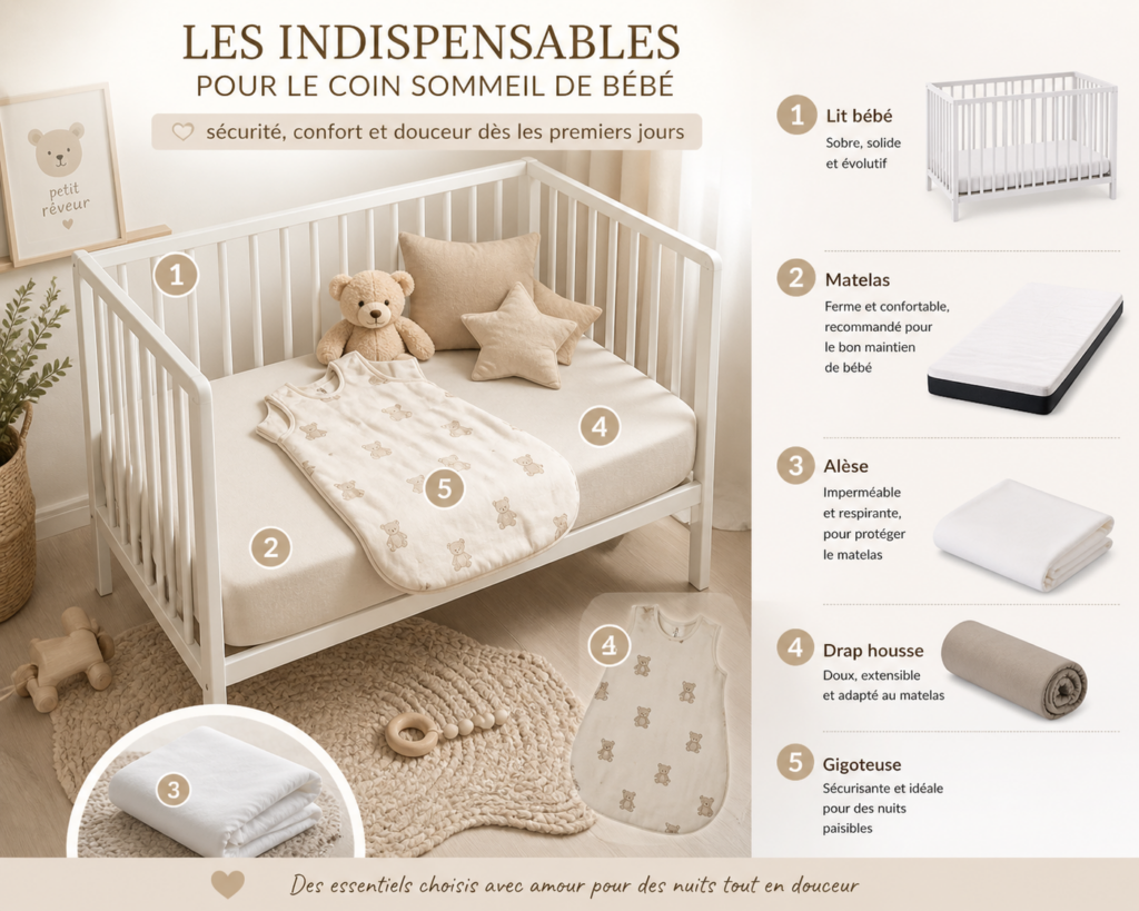 Chambre bébé minimaliste avec lit bébé blanc, drap housse beige et gigoteuse neutre dans une ambiance douce