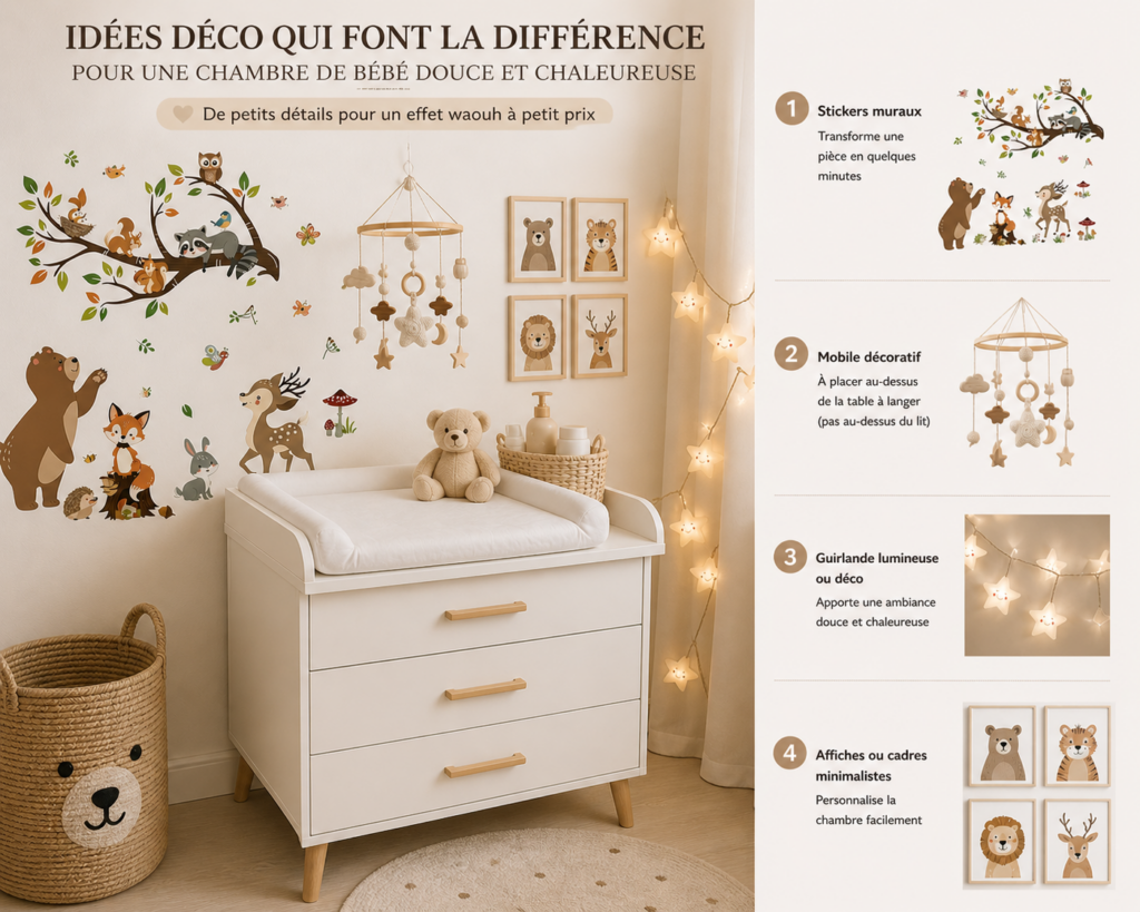 Décoration chambre bébé avec stickers animaux, guirlande lumineuse et affiches minimalistes
