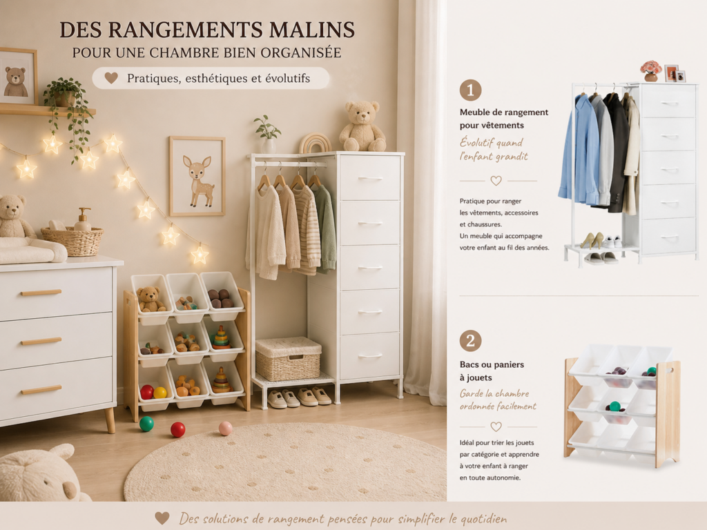 Chambre bébé organisée avec meuble de rangement vêtements et bacs à jouets