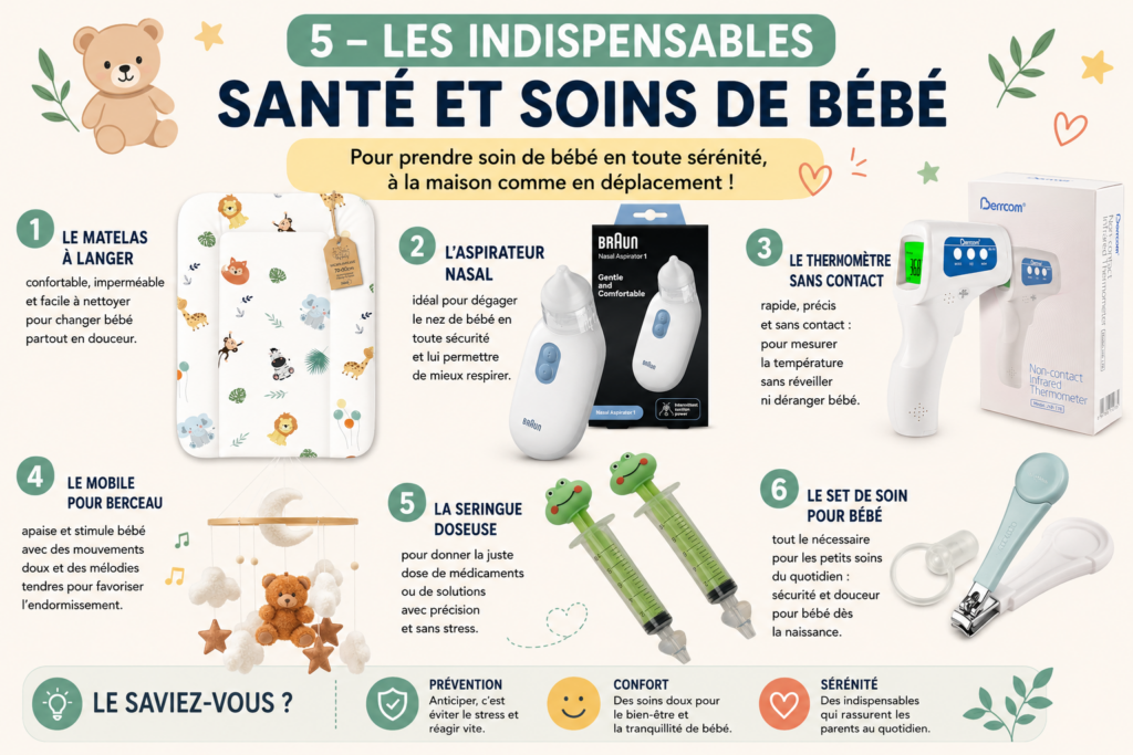Checklist santé et soins bébé avec matelas à langer, aspirateur nasal, thermomètre sans contact, seringue doseuse et set de soin pour bébé.