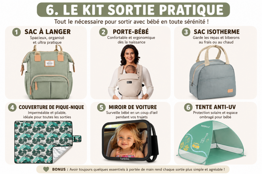 Checklist sortie bébé avec sac à langer, porte-bébé, sac isotherme, couverture de pique-nique, miroir de voiture et tente anti-UV pour les déplacements.
