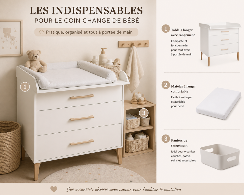 Coin change bébé avec table à langer blanche, matelas à langer et paniers de rangement dans une chambre douce
