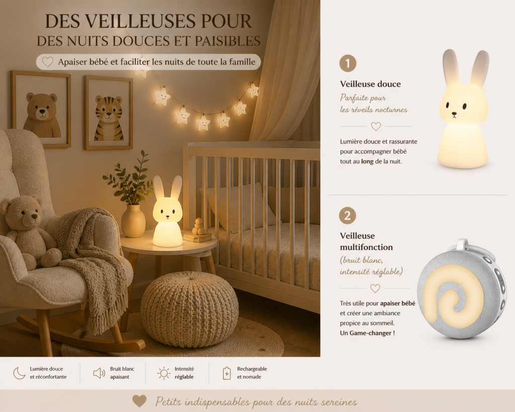 Chambre bébé avec veilleuse douce et éclairage tamisé pour des nuits paisibles